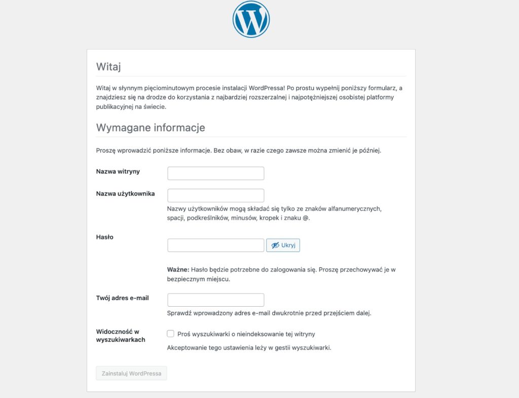 ekran instalacji WordPress