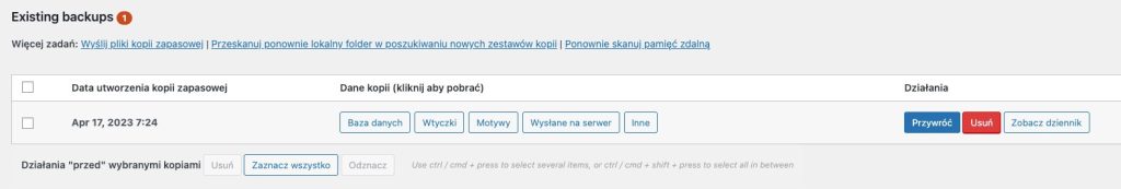 Lista zrobionych kopii zapasowaych