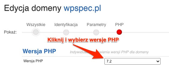 Kliknij i wybierz wersje PHP